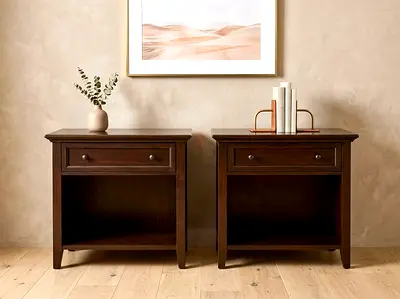 Pottery Barn Pair of dark wood bedside tables/nightstands with drawer and shelf