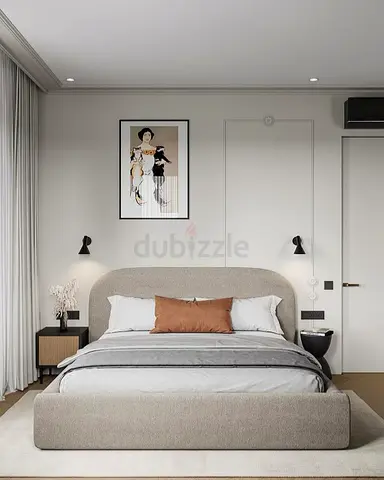 Modern upholstered double bed with headboard - neutral beige
