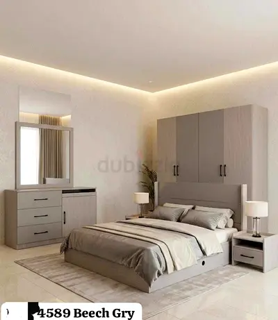 Beech grey bedroom set – bed, wardrobe, dresser and nightstand (like new)