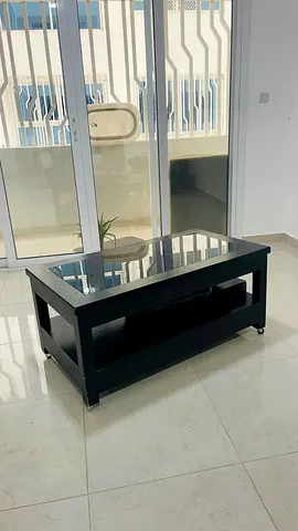 Black Wood Coffee Table with Glass Top and Shelf