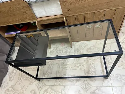 Laptop table , study table .Black Metal Frame Glass Console Table - Minimalist Entry Table