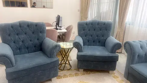 Set of 3 Blue Tufted Accent Armchairs - Good Condition, including tables.