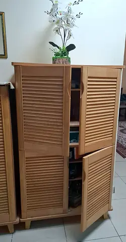 Wooden Shoe Cabinet with Louvered Doors - Good Condition