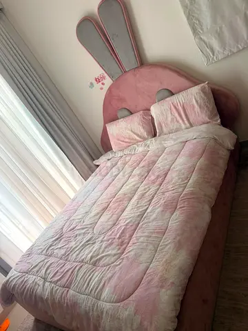 Pink Bunny Headboard Single Bed with Mattress and Bedding