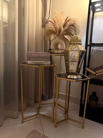 Set of 3 Gold Metal Nesting Side Tables with Decorative Lantern