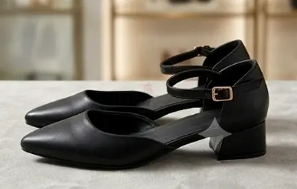 Black low block heel pointed pumps with ankle strap - size available