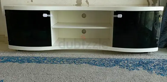 White TV Cabinet with Black Glass Doors — Good Condition