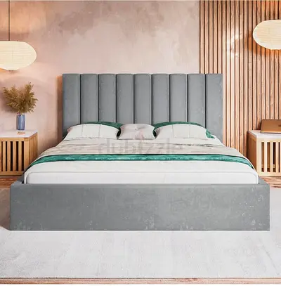 Modern Grey Upholstered King Bed with Tall Padded Headboard
