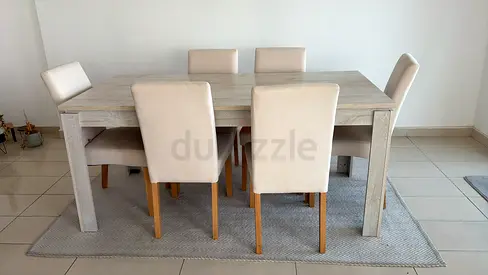 URGENT SALE- PAN HOME 6-Seater Wooden Dining Table with Beige Upholstered Chairs+ carpet