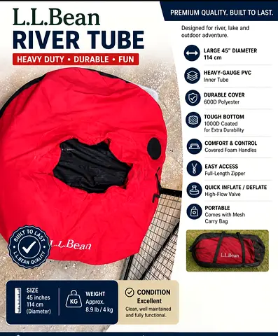 L.L.Bean Heavy Duty 45" River Tube with Cover - Excellent Condition