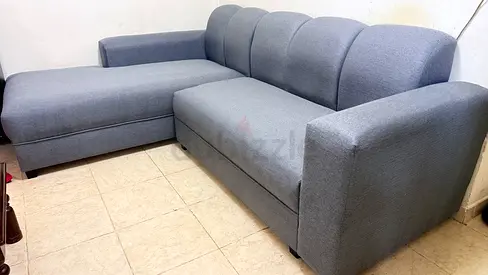 L-shaped Grey Fabric Sofa with Chaise - Good Condition 250 x 180