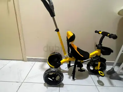 Yellow 3-in-1 Push Tricycle with Parent Handle and Safety Harness