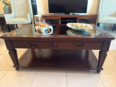 Solid Wood Glass-Top Coffee Table with Storage Drawer - Dark Brown & 2 side coffee tables