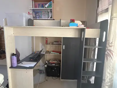 White and gray loft bunk bed with built-in desk and storage, good condition