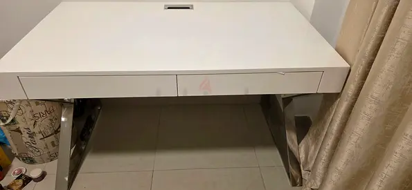 IKEA White modern desk with chrome legs and drawers — good condition