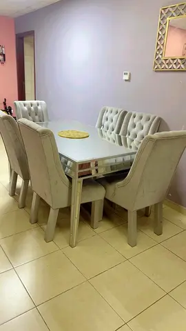 Modern 6-Seater Upholstered Dining Table with Mirror Detailing only light washing needed.