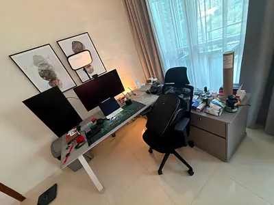 Minimalist dual-monitor desktop setup for gaming or office. SAMSUNG G8 OLED