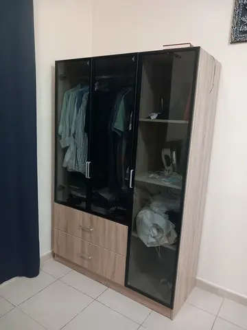 Wooden Wardrobe with Glass Doors and Drawers - Light Oak