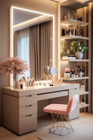 Modern LED Lighted Makeup Vanity with Stool and Shelving