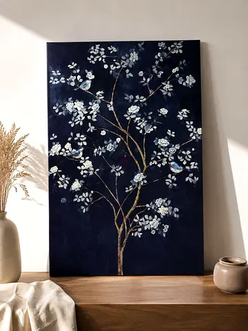 Hand-painted Floral Tree Canvas Wall Art - Navy Background
