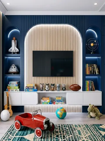 Built-in Blue Kids Entertainment Wall Unit with TV and Storage