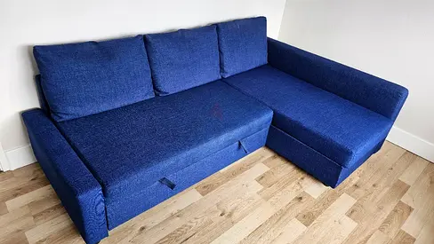Blue L-shaped Fabric Sofa bed with Storage — Good Condition