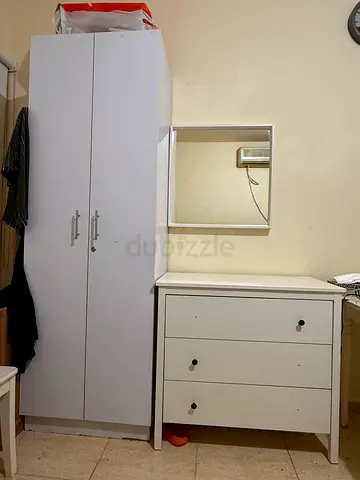 White wardrobe and 3-drawer dresser set with mirror - good condition