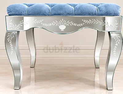 Luxurious Mirrored Tufted Velvet Vanity Bench - Light Blue