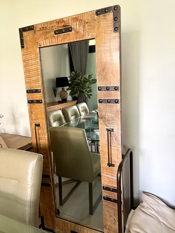 Full-Length Rustic Wooden Floor Mirror with Metal Accents