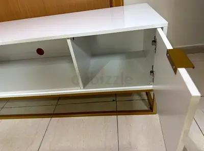 White TV Console Cabinet with Gold Metal Base - Modern Low Media Unit.