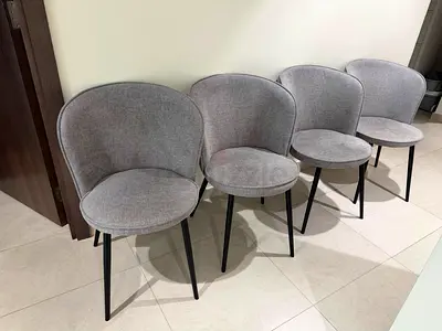 4 Grey Fabric Dining Chairs with Black Legs
