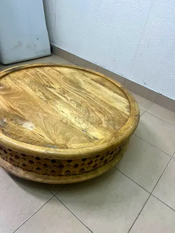 Solid Round Carved Mango Wood Coffee Table - Low Center Table