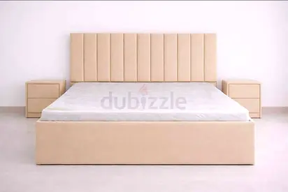 New Beige Upholstered King Size Bed with Headboard and 2 Nightstands