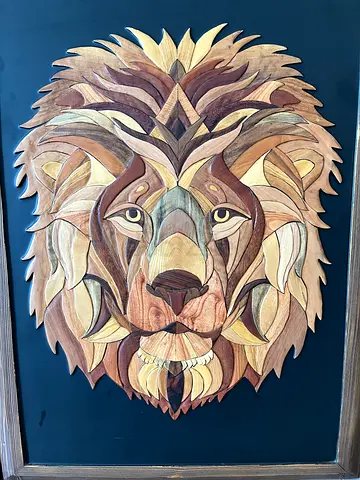 Handmade Wooden Intarsia Lion Wall Art - Framed
