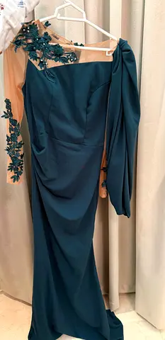 Dark Teal One-Shoulder Evening Gown with Lace Applique (Size L)