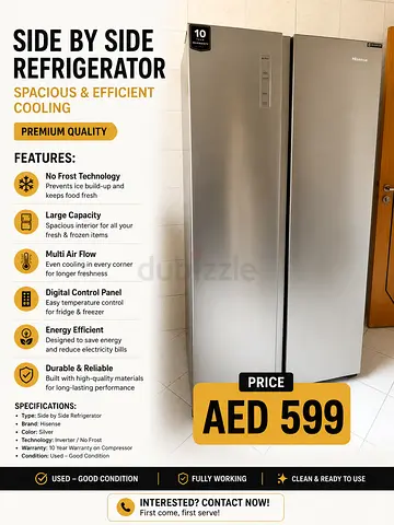 Side-by-side Hisense Refrigerator – Used, Fully Working, AED 599