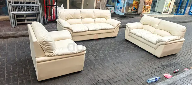 Cream Leather 3-Piece Sofa Set — 3-Seater + 2-Seater + Single, Good Used Condition