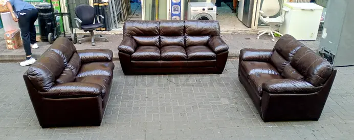 Dark brown leather 3-piece sofa set – 3-seater + two 2-seaters