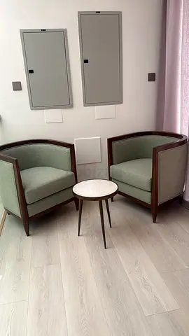 Pair of Mid-century Style Armchairs with Small Round Side Table