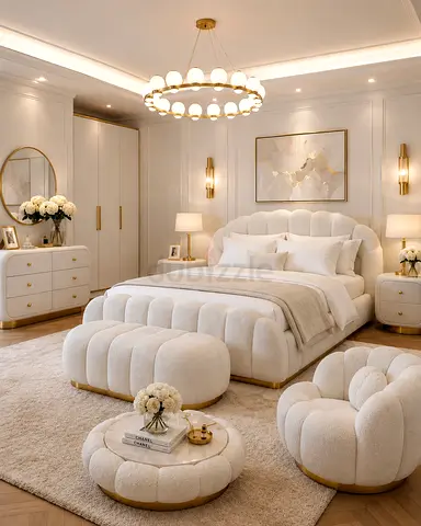 Luxury Beige Bouclé 8-Piece Bedroom Set – King Bed, Dresser, Wardrobe & More