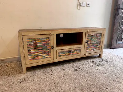 Wooden TV Console Cabinet with Colorful Recycled Paper Inlay - Low TV Unit