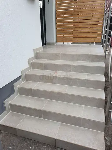 Custom Outdoor Staircase with Premium Large Format Tiles, Elegant White Surface and Durable Finish f