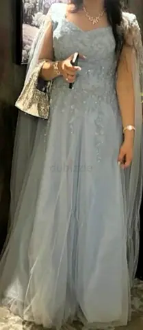 Light Grey Embellished Evening Gown with Sheer Cape Sleeves - Size Unknown