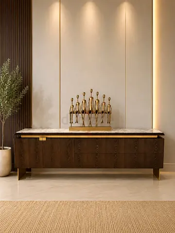 Al Huzaifa Lazio Sideboard, Victoria Marble Top With American Ashwood Body & Brush Gold Finish Base