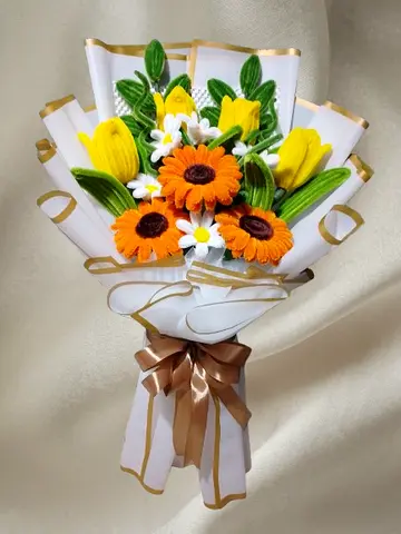 Handmade Flower Bouquet - Yellow Tulips & Orange Daisies