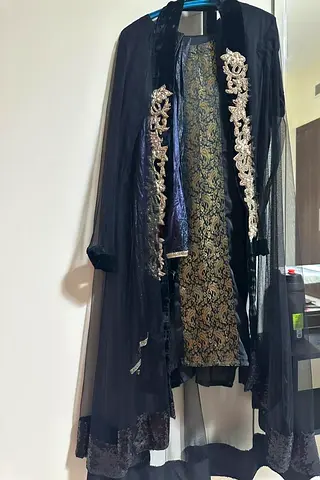 Black and Gold Pakistani/Indian Formal Long Dress with Embroidered Jacket (Size M)