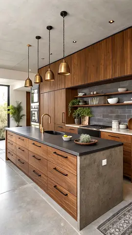 Modern Walnut Kitchen Island with Concrete Finish and Hanging Lights