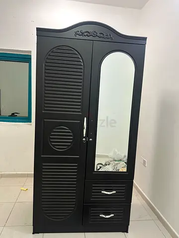 Black Wooden Wardrobe with Mirror and Drawers - Good Condition