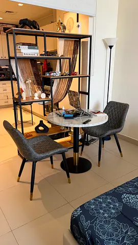 Small round marble-top dining table with two upholstered chairs - set