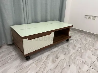 Wooden Reception Table with Drawer and Glass Top on Wheels